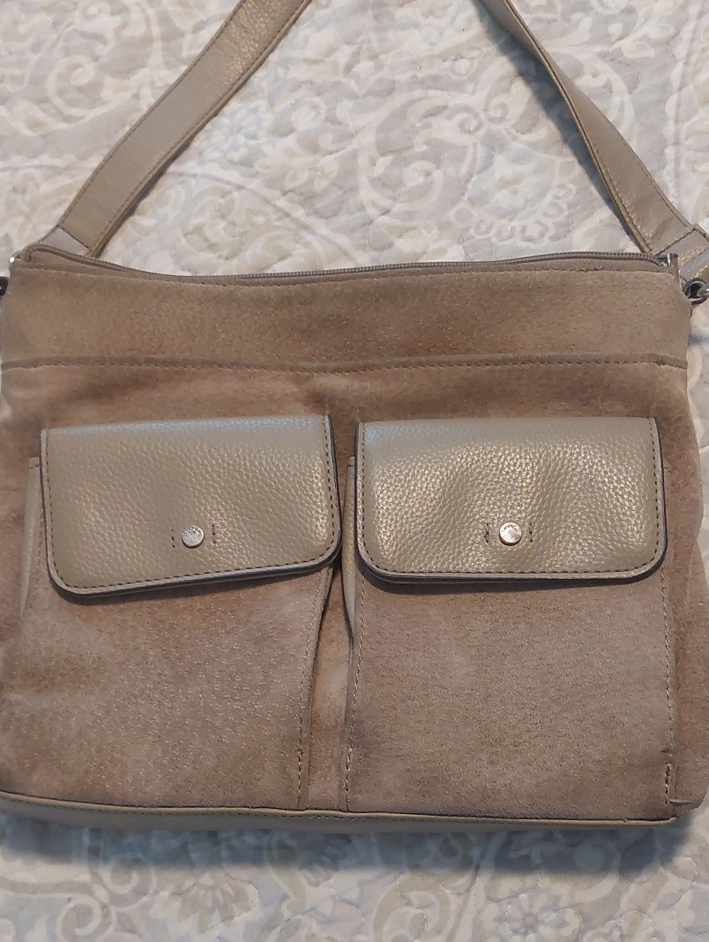 Tignanello Neutral Suede and Leather Shoulder Bag - Taupe